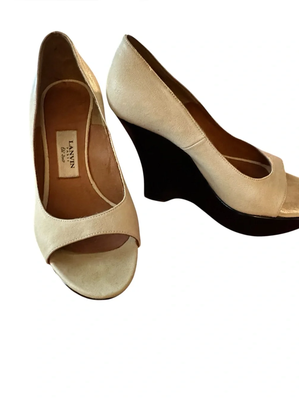 Vintage Lanvin Cream Leather Peep-Toe Wedge with lacquered Black Platform sz 37
